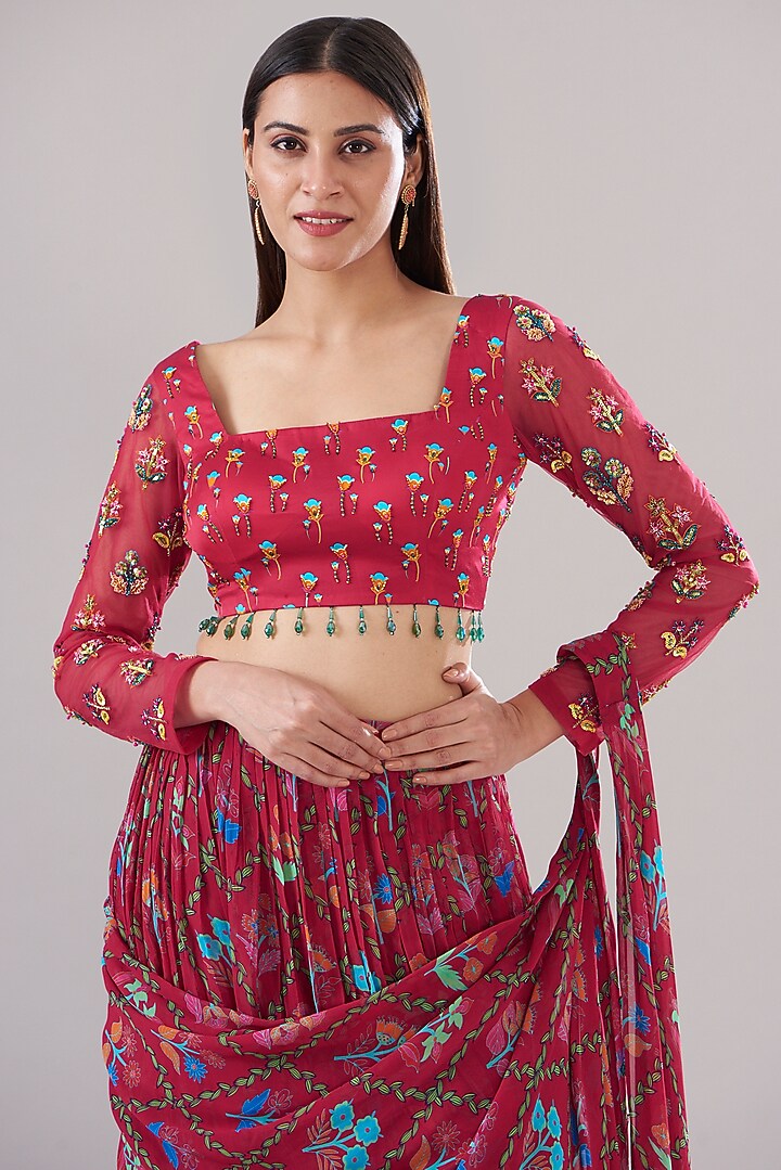 Crimson Red Modal & Tulle Printed Layered Wedding Saree Set by DiyaRajvvir at Pernia's Pop Up Shop