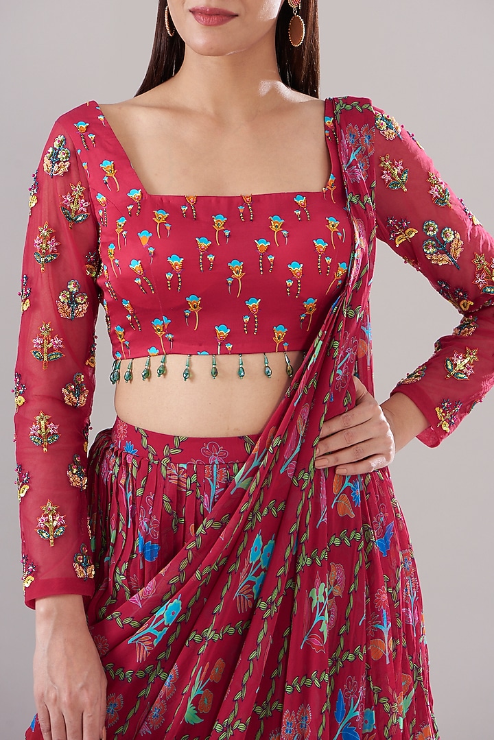 Crimson Red Modal & Tulle Printed Layered Wedding Saree Set by DiyaRajvvir at Pernia's Pop Up Shop