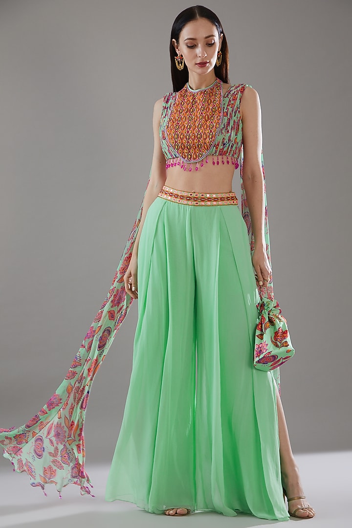 Mint Green Cotton Silk & Georgette Wedding Sharara Set by DiyaRajvvir at Pernia's Pop Up Shop