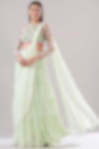 Mint Green Organza & Georgette Tiered Skirt Saree Set by DiyaRajvvir
