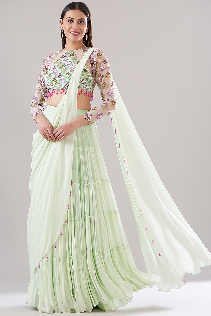Mint Green Organza & Georgette Tiered Skirt Saree Set by DiyaRajvvir