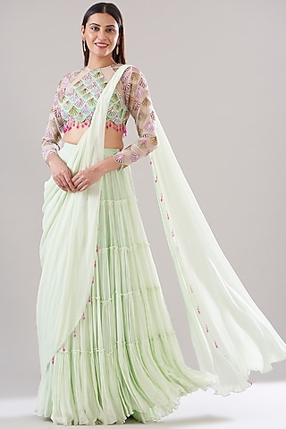 Mint Green Organza & Georgette Tiered Skirt Saree Set by DiyaRajvvir