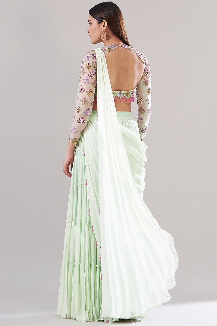 Mint Green Organza & Georgette Tiered Skirt Wedding Saree Set by DiyaRajvvir at Pernia's Pop Up Shop