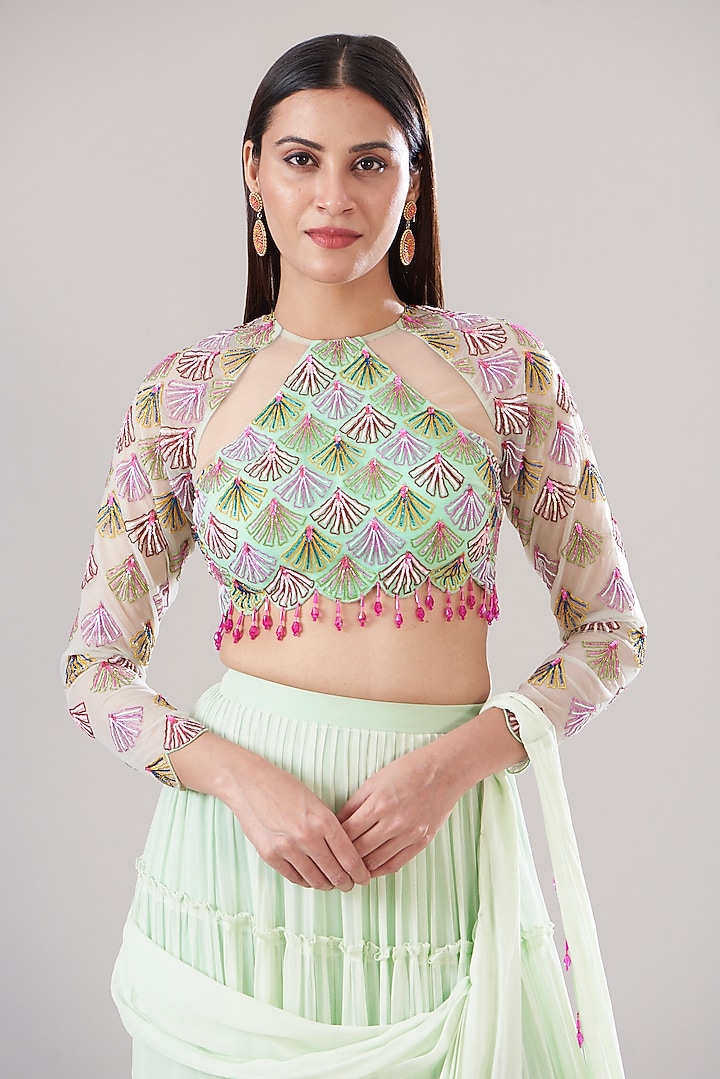 Mint Green Organza & Georgette Tiered Skirt Wedding Saree Set by DiyaRajvvir at Pernia's Pop Up Shop