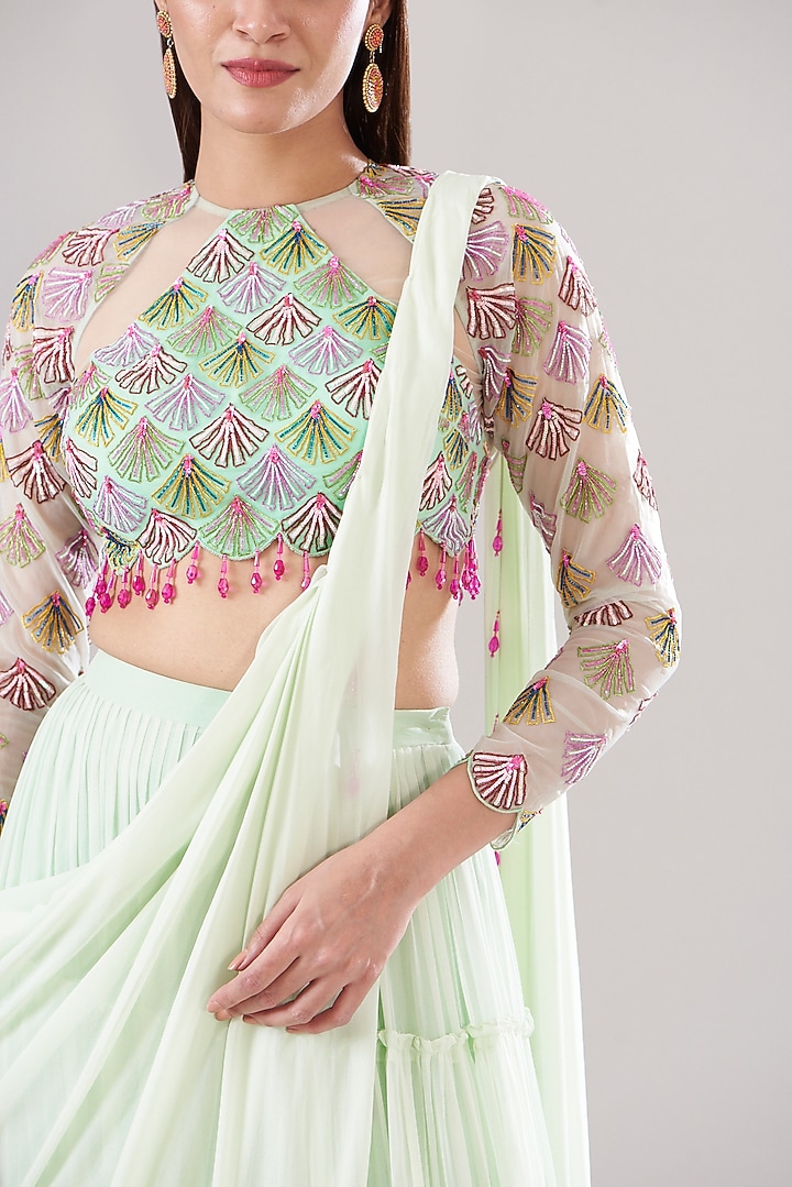 Mint Green Organza & Georgette Tiered Skirt Wedding Saree Set by DiyaRajvvir at Pernia's Pop Up Shop
