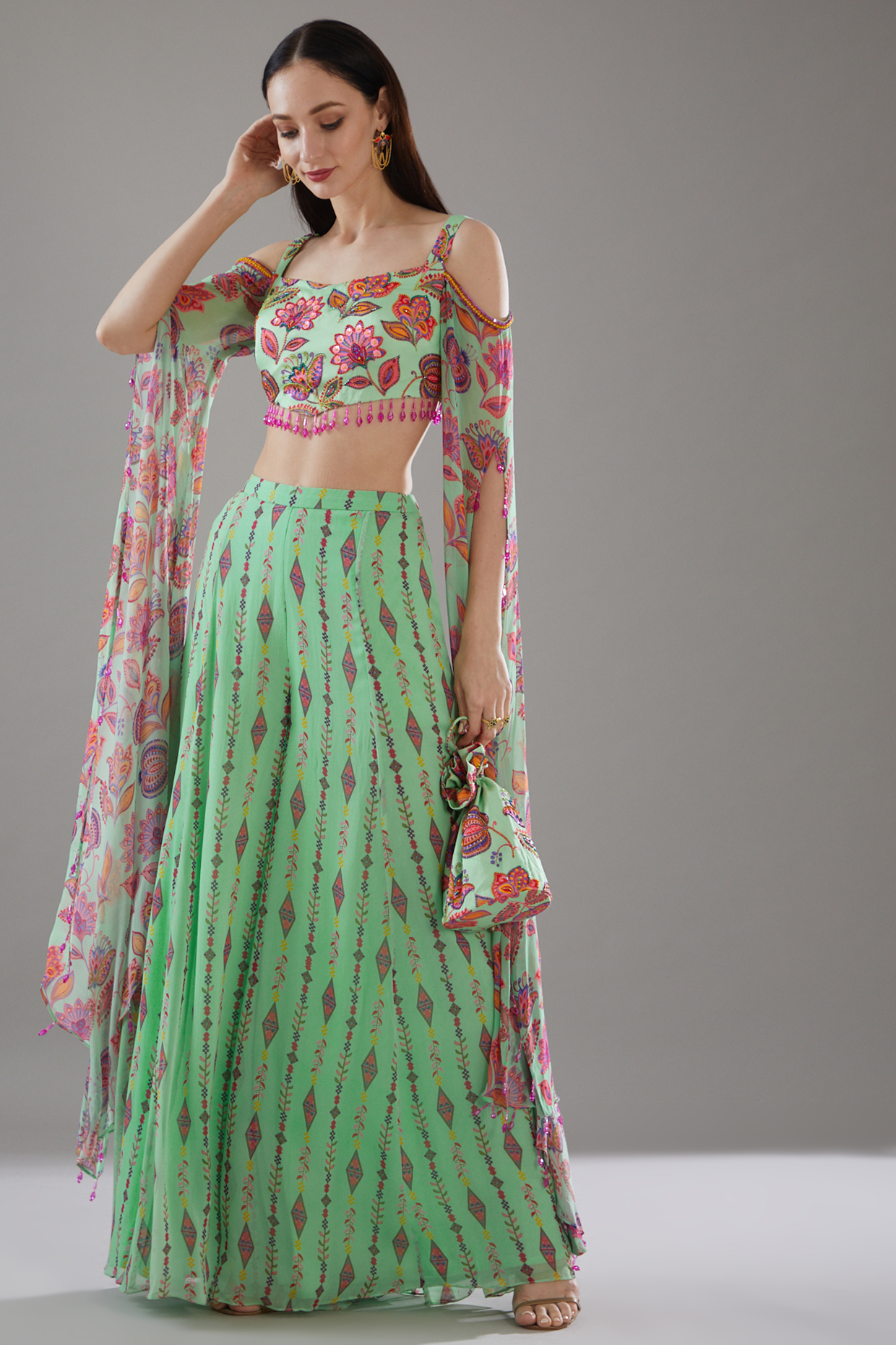 Mint Green Modal & Georgette Printed Wedding Sharara Set by DiyaRajvvir at Pernia's Pop Up Shop