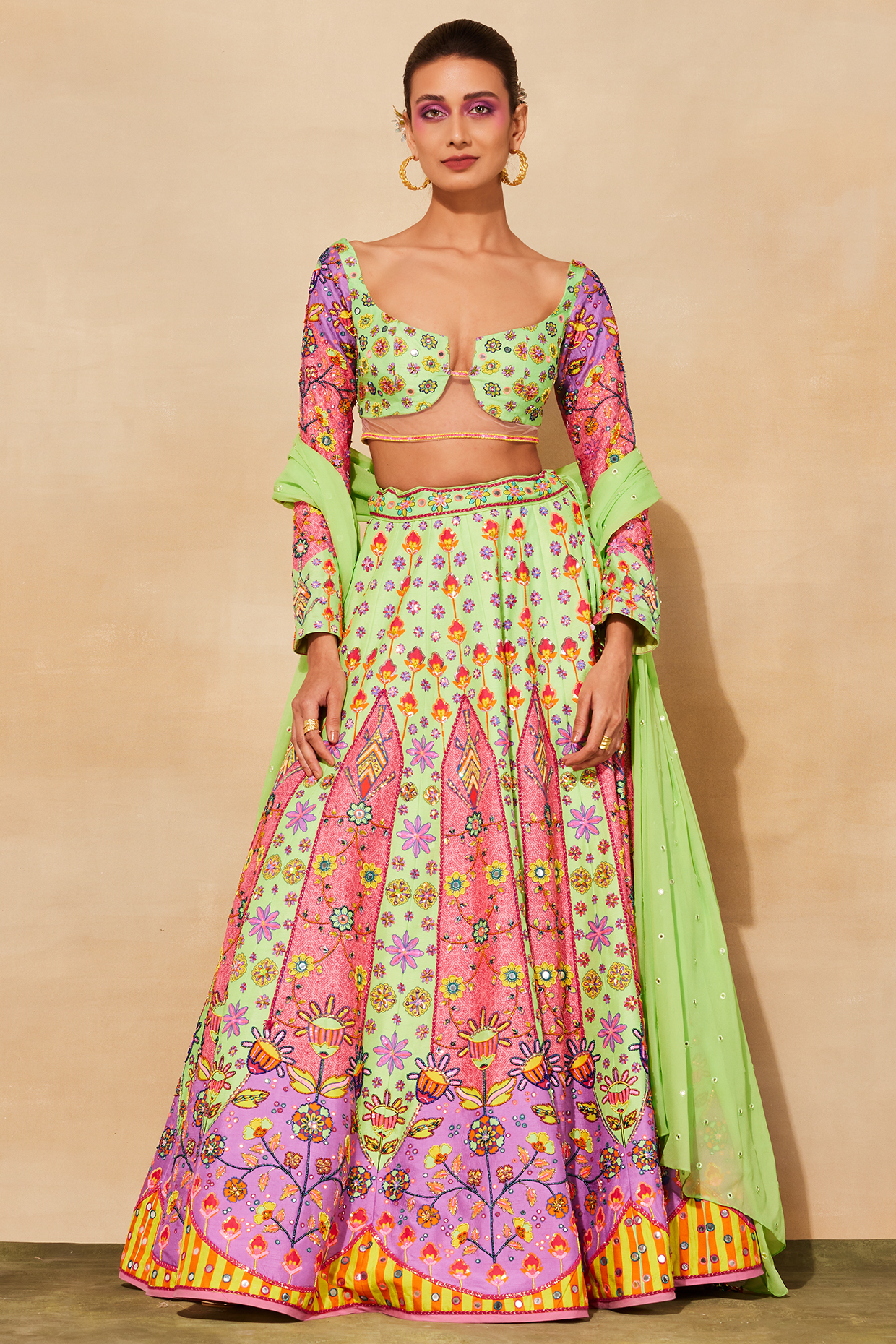 Mint Green Raw Silk Embroidered Lehenga Set by DiyaRajvvir