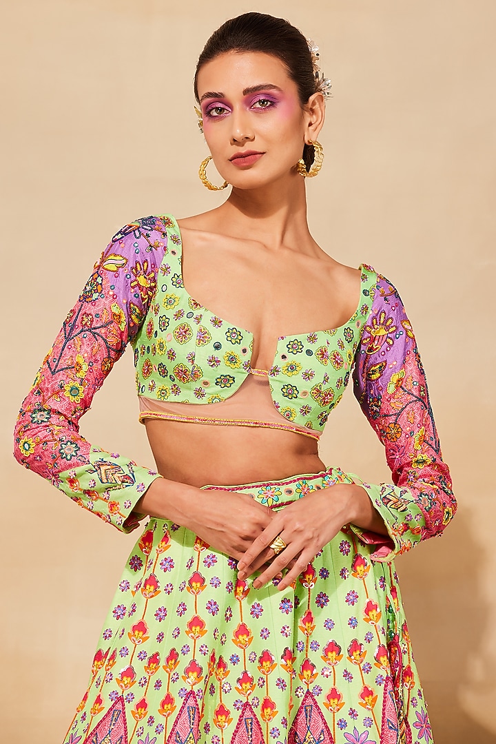 Mint Green Raw Silk Embroidered Wedding Lehenga Set by DiyaRajvvir at Pernia's Pop Up Shop