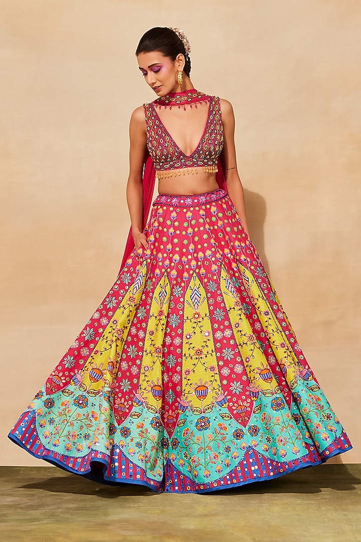 Fuchsia Pink Raw Silk Embroidered Wedding Lehenga Set by DiyaRajvvir at Pernia's Pop Up Shop