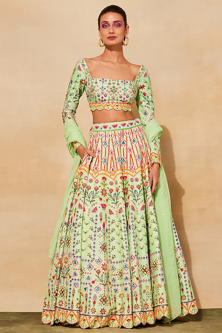 Mint Green Raw Silk Embroidered Wedding Lehenga Set by DiyaRajvvir at Pernia's Pop Up Shop