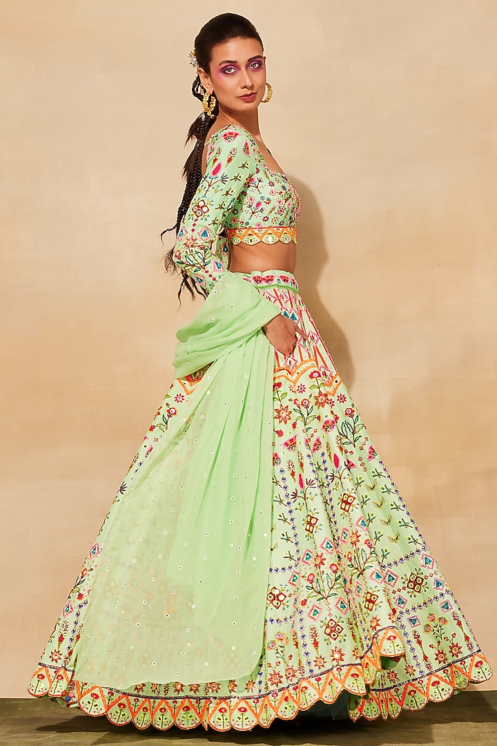 Mint Green Raw Silk Embroidered Wedding Lehenga Set by DiyaRajvvir at Pernia's Pop Up Shop