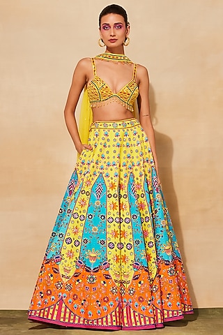 Yellow Raw Silk Embroidered Lehenga Set by DiyaRajvvir
