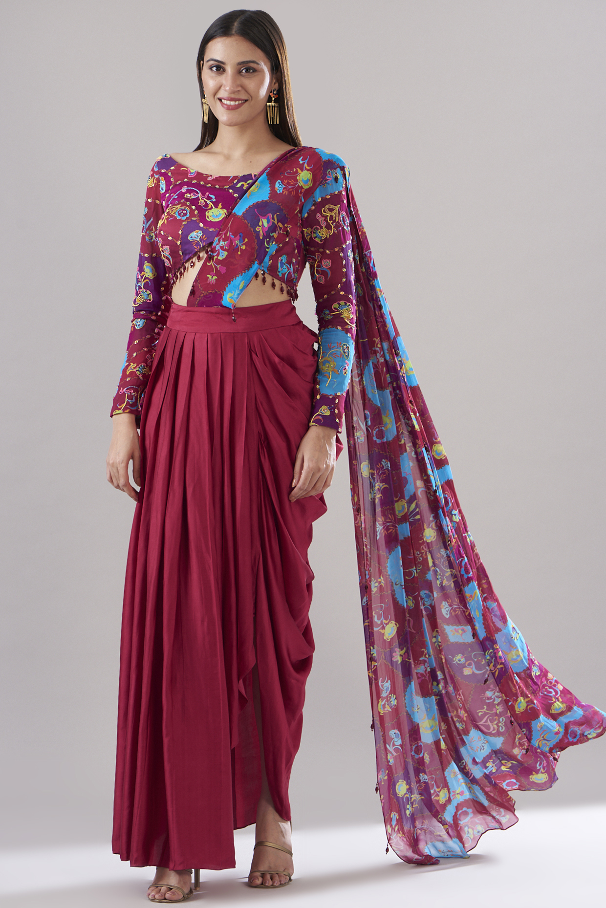 Crimson Red Modal & Georgette Floral Digital Printed Dhoti Skirt Wedding Saree Set by DiyaRajvvir at Pernia's Pop Up Shop