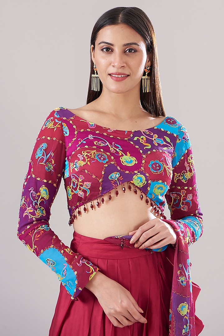 Crimson Red Modal & Georgette Floral Digital Printed Dhoti Skirt Wedding Saree Set by DiyaRajvvir at Pernia's Pop Up Shop
