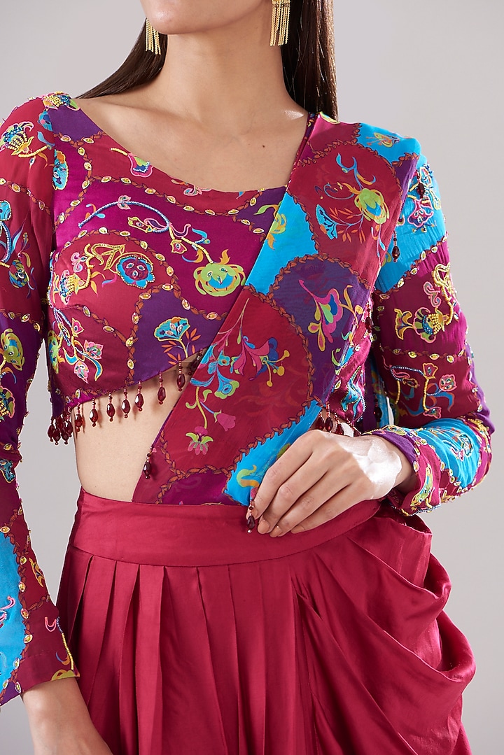 Crimson Red Modal & Georgette Floral Digital Printed Dhoti Skirt Wedding Saree Set by DiyaRajvvir at Pernia's Pop Up Shop