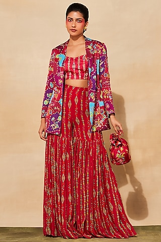 Crimson Red Modal Embroidered Blazer Set by DiyaRajvvir