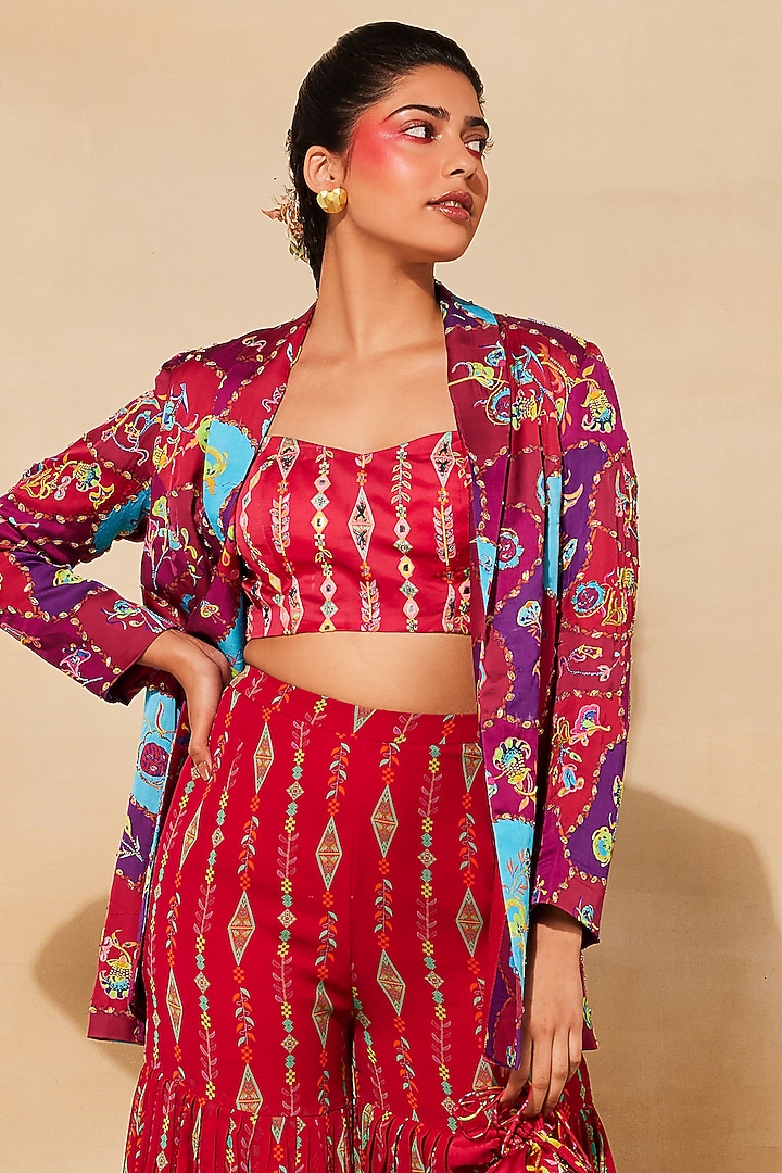 Crimson Red Modal Embroidered Blazer Set by DiyaRajvvir at Pernia's Pop Up Shop