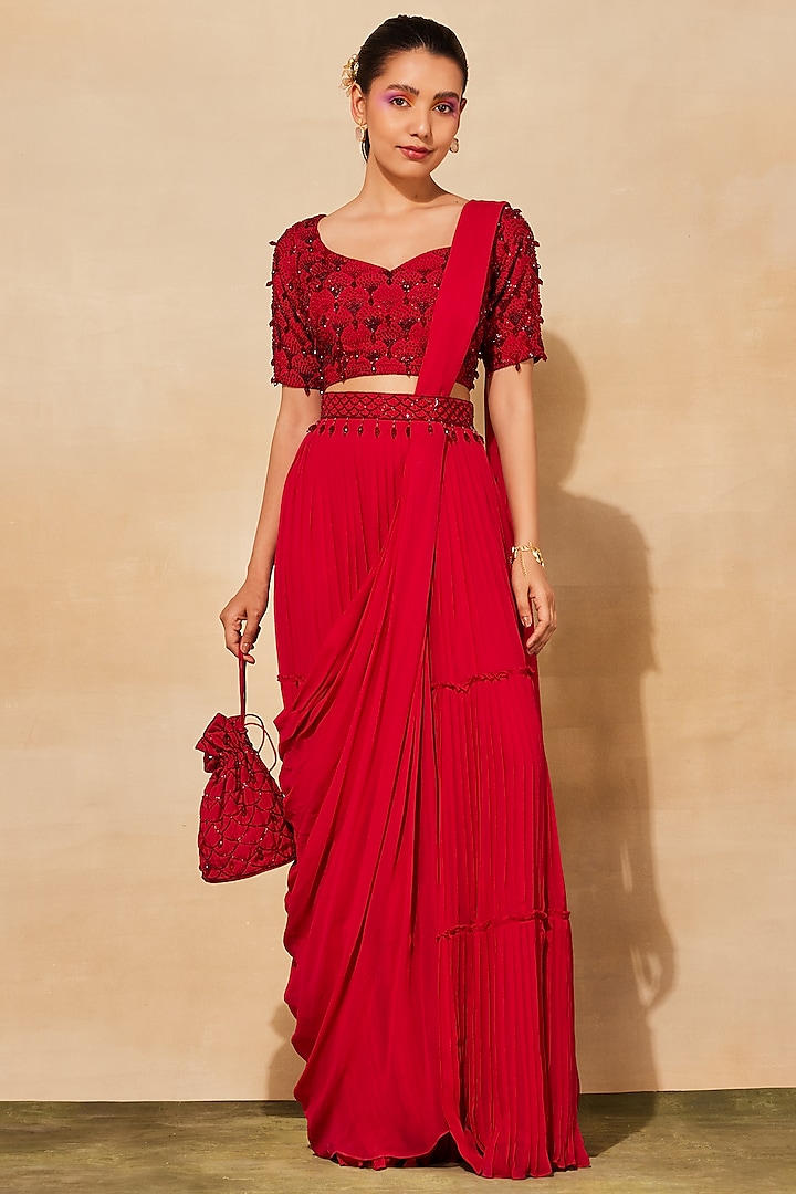 Crimson Red Georgette & Cotton Silk Tiered Skirt Saree Set by DiyaRajvvir