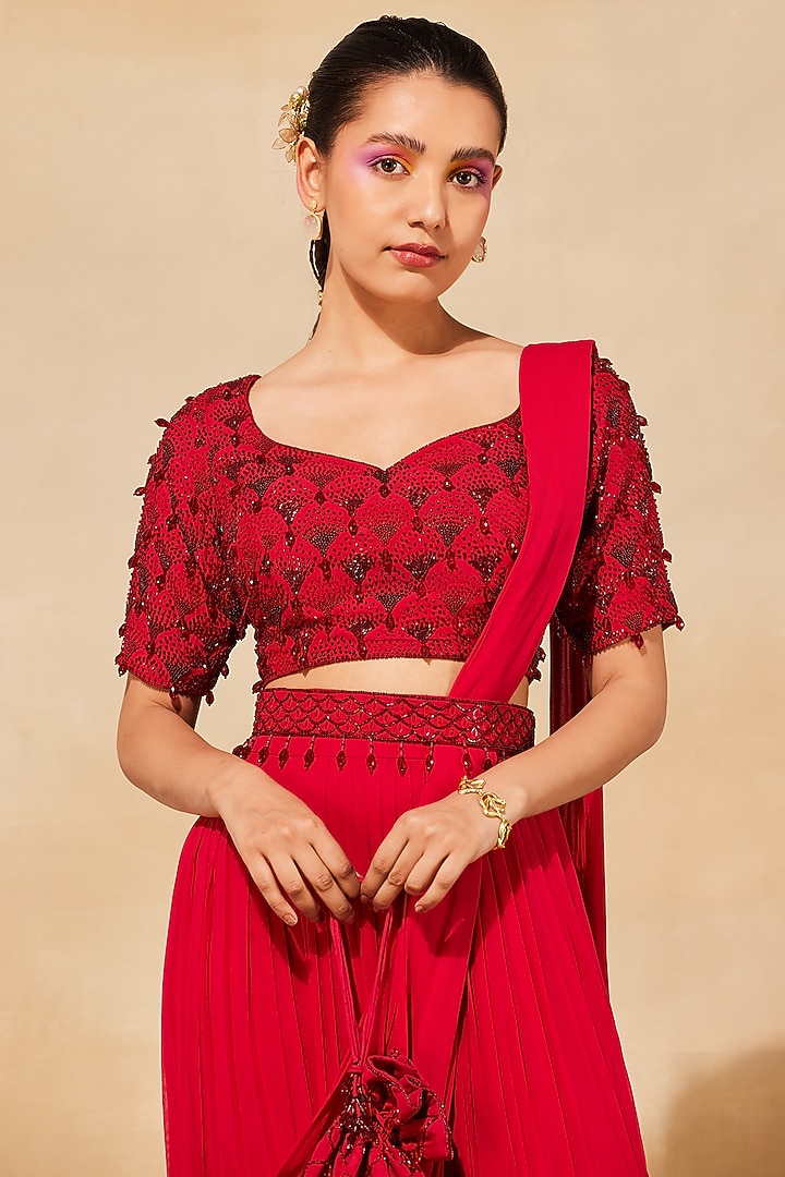 Crimson Red Georgette & Cotton Silk Tiered Skirt Wedding Saree Set by DiyaRajvvir at Pernia's Pop Up Shop