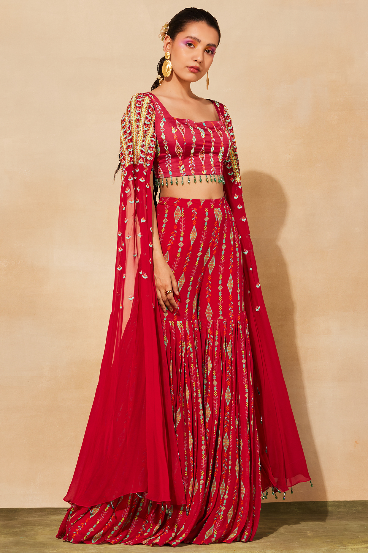 Crimson Red Georgette Embroidered Gharara Set by DiyaRajvvir