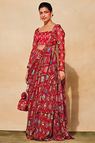 Crimson Red Georgette Frame Printed Layered Saree Set by DiyaRajvvir