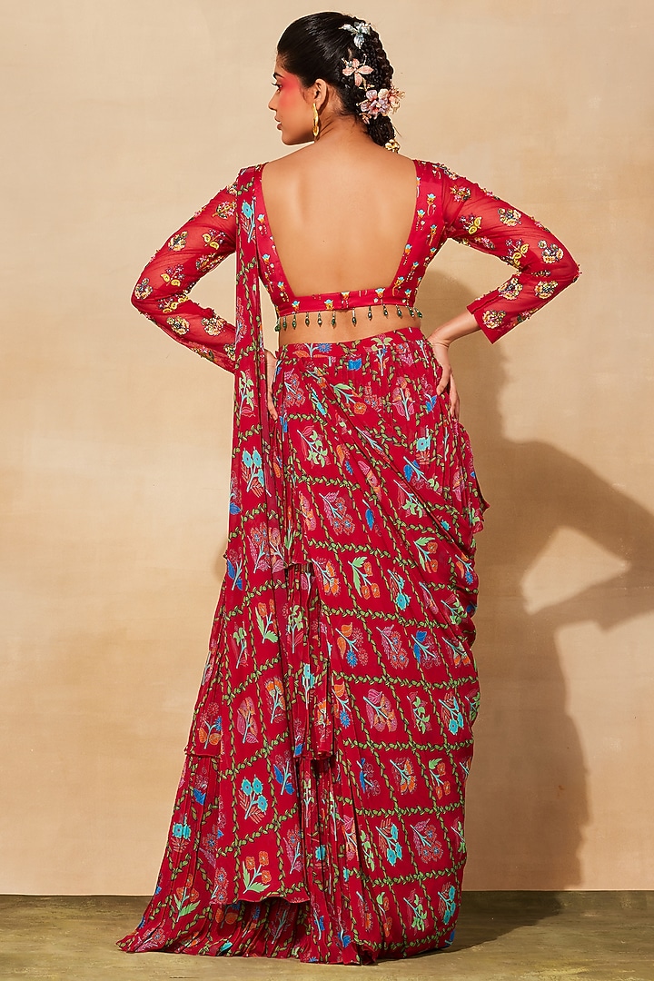 Crimson Red Georgette Frame Printed Layered Wedding Saree Set by DiyaRajvvir at Pernia's Pop Up Shop