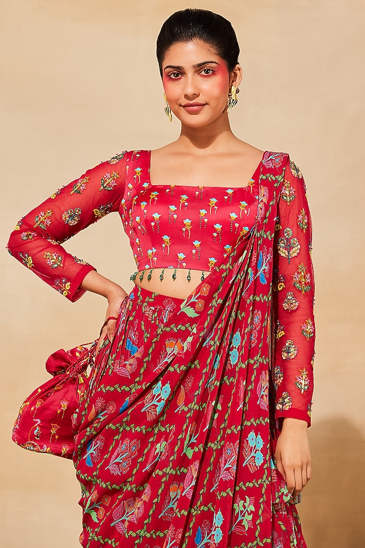 Crimson Red Georgette Frame Printed Layered Wedding Saree Set by DiyaRajvvir at Pernia's Pop Up Shop