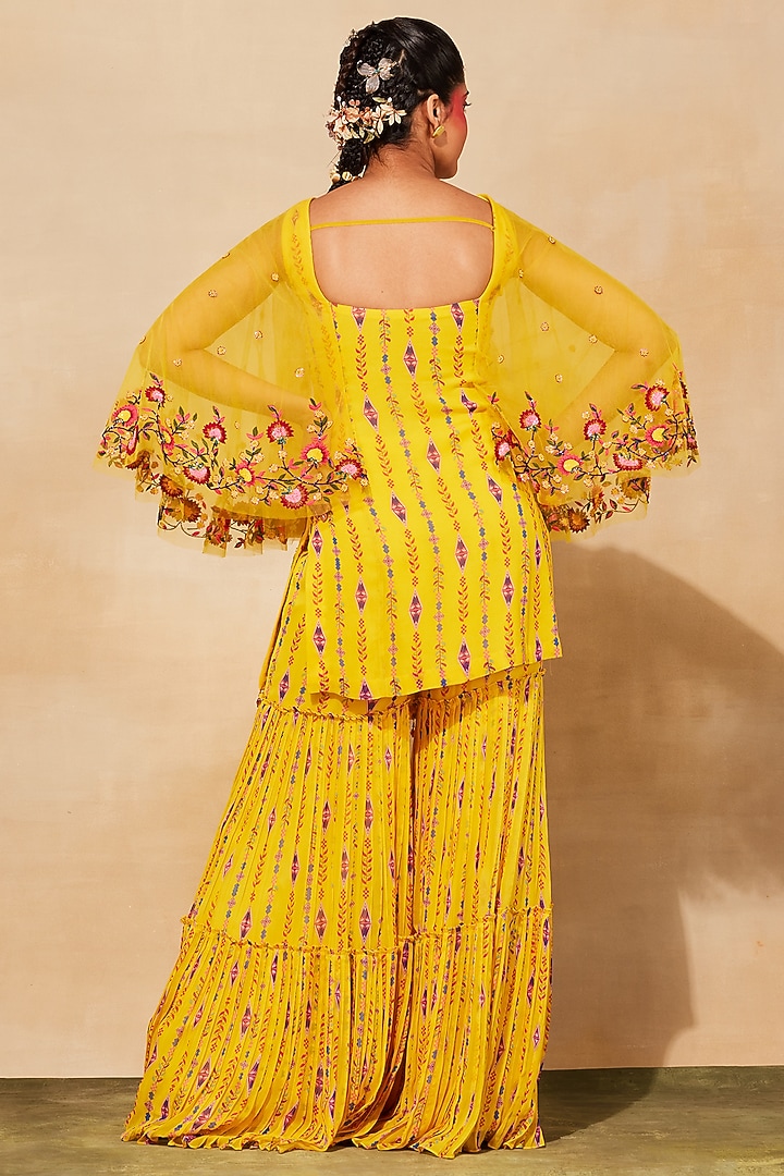 Yellow Georgette Printed Gharara Set by DiyaRajvvir at Pernia's Pop Up Shop