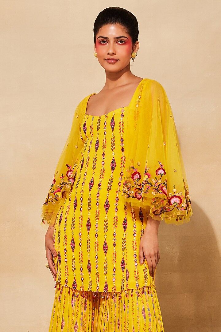 Yellow Georgette Printed Gharara Set by DiyaRajvvir at Pernia's Pop Up Shop