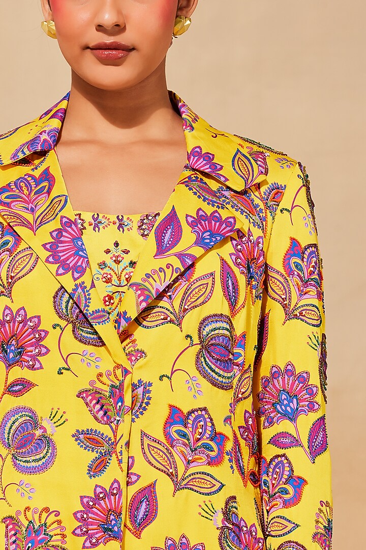 Yellow Modal Printed Blazer Set by DiyaRajvvir at Pernia's Pop Up Shop