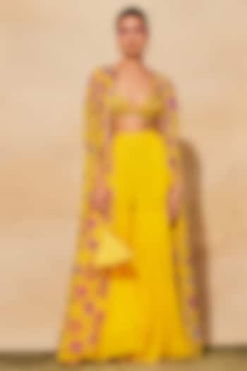 Yellow Georgette Tiered Gharara Set by DiyaRajvvir