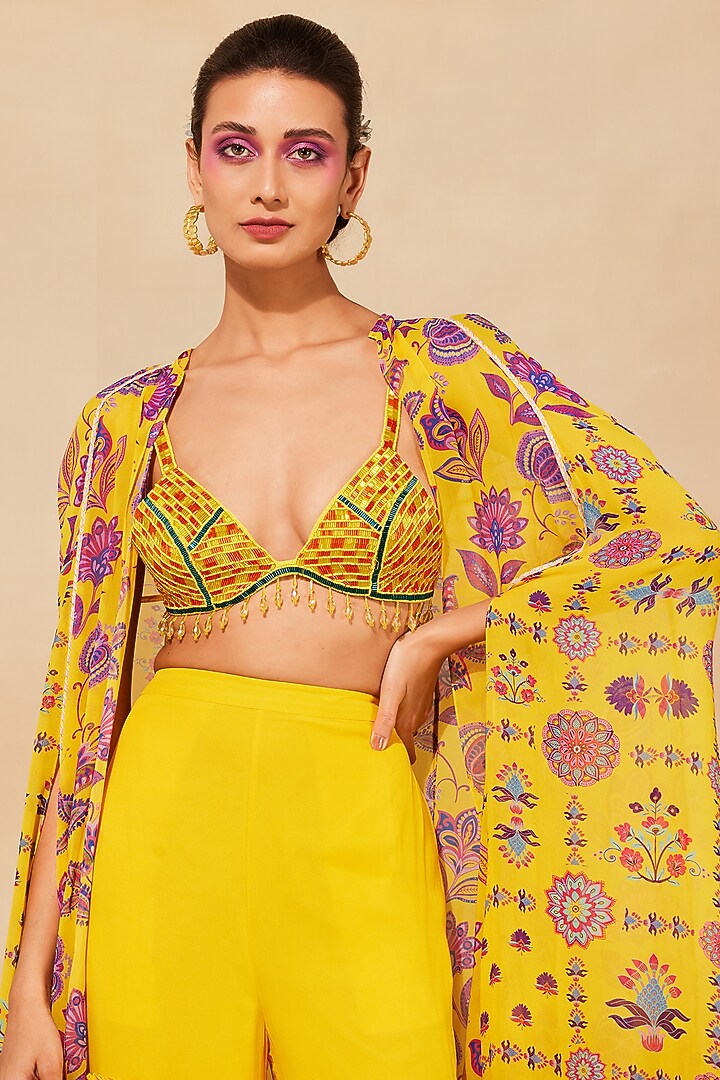 Yellow Georgette Tiered Gharara Set by DiyaRajvvir at Pernia's Pop Up Shop