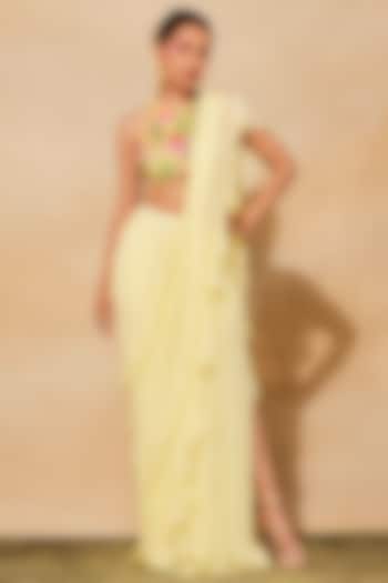 Pastel Yellow Georgette & Organza Ruffled Pant Saree Set by DiyaRajvvir