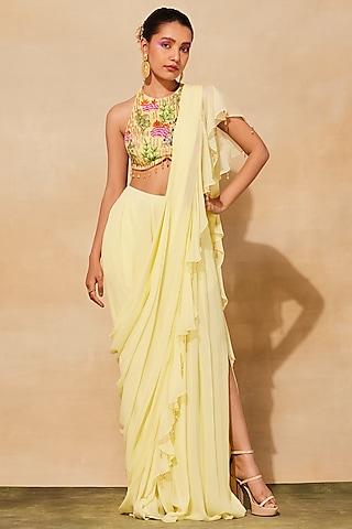 Pastel Yellow Georgette & Organza Ruffled Pant Saree Set by DiyaRajvvir
