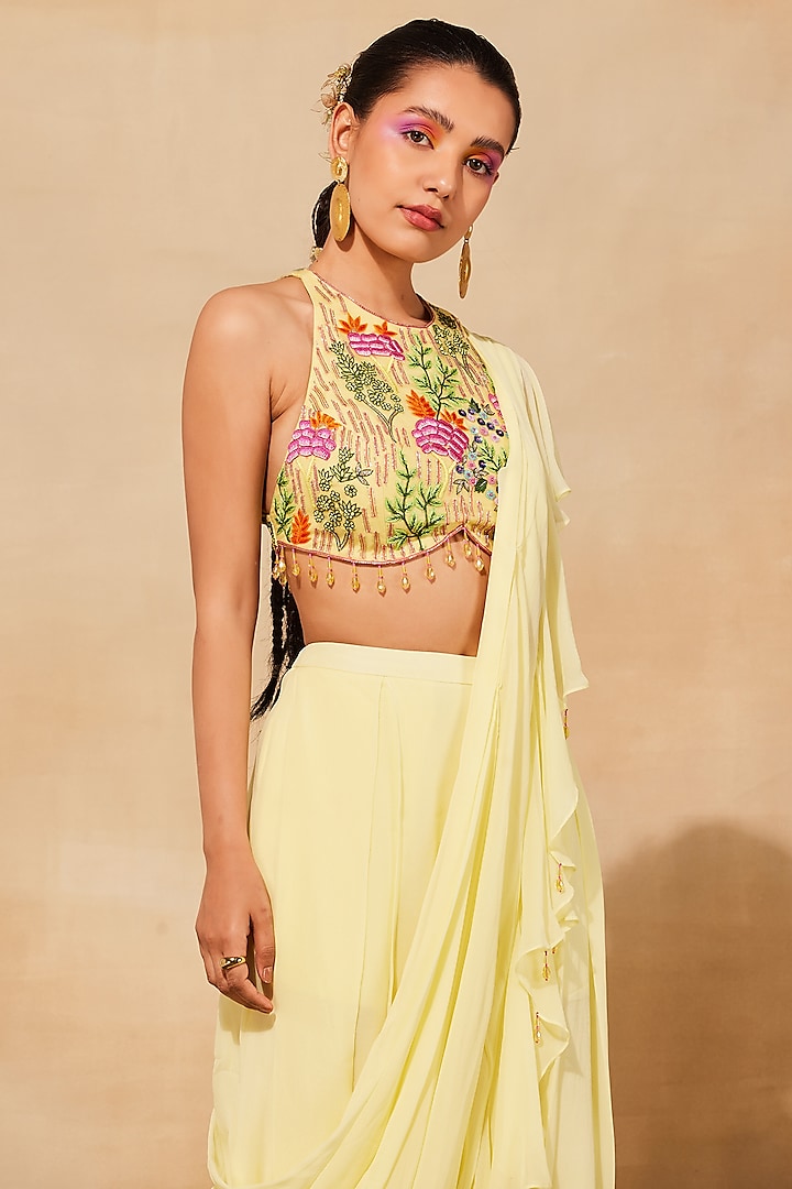 Pastel Yellow Georgette & Organza Ruffled Pant Wedding Saree Set by DiyaRajvvir at Pernia's Pop Up Shop