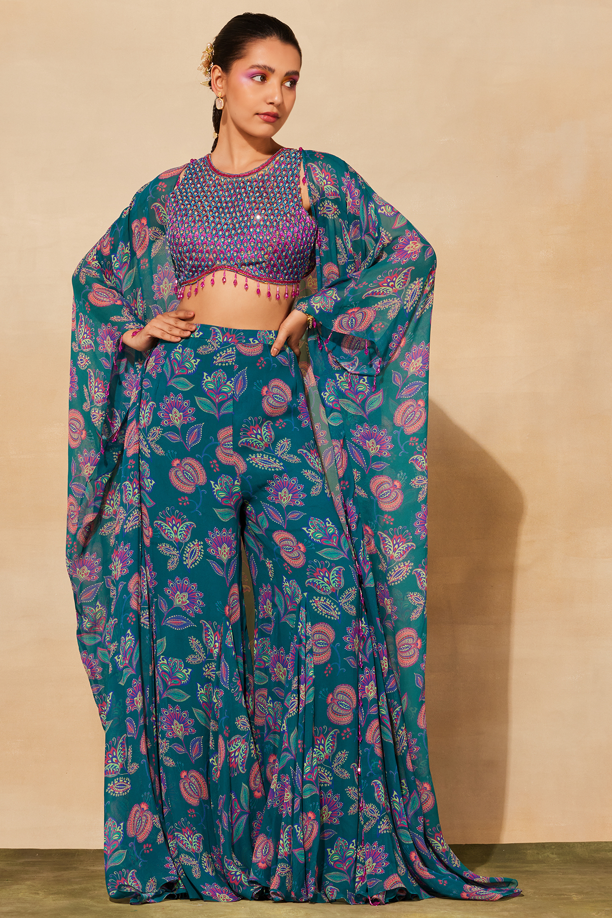 Teal Georgette Printed Cape Set by DiyaRajvvir at Pernia's Pop Up Shop