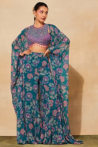 Teal Georgette Printed Cape Set by DiyaRajvvir
