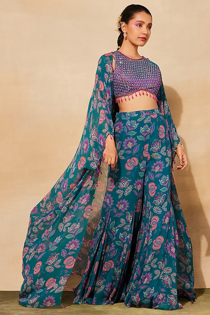 Teal Georgette Printed Cape Set by DiyaRajvvir at Pernia's Pop Up Shop