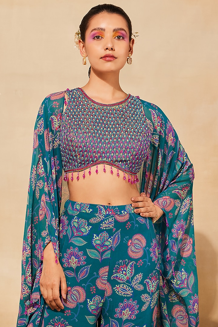 Teal Georgette Printed Cape Set by DiyaRajvvir at Pernia's Pop Up Shop