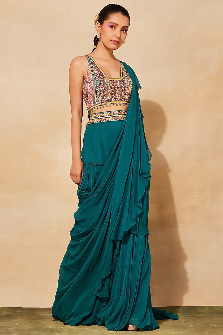 Teal Georgette Layered Ruffled Saree Set by DiyaRajvvir at Pernia's Pop Up Shop