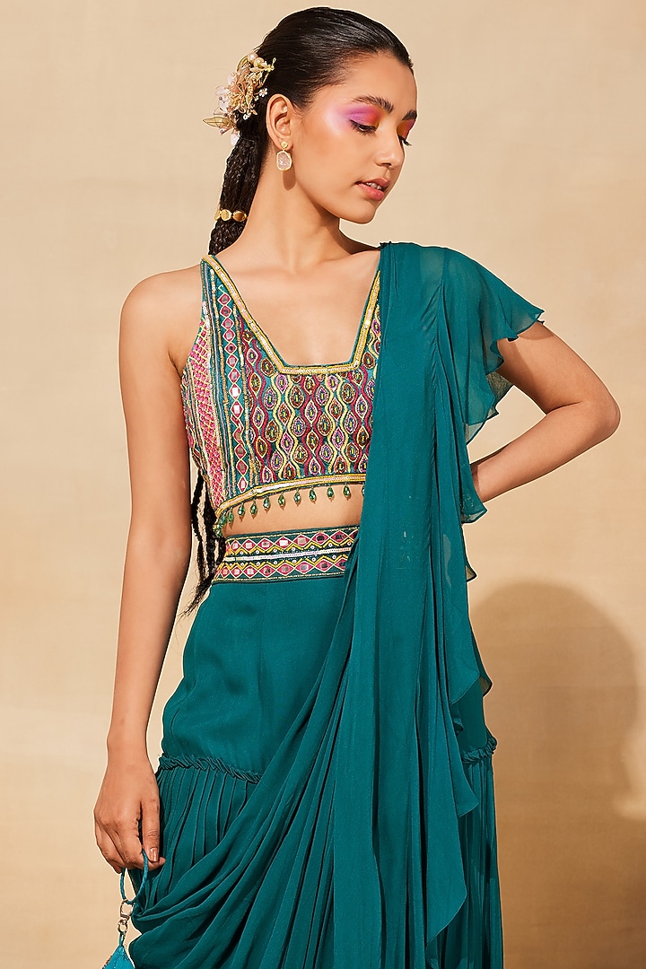 Teal Georgette Layered Ruffled Wedding Saree Set by DiyaRajvvir at Pernia's Pop Up Shop