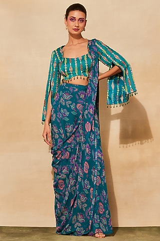 Teal Modal Printed Sharara Pant Saree Set by DiyaRajvvir