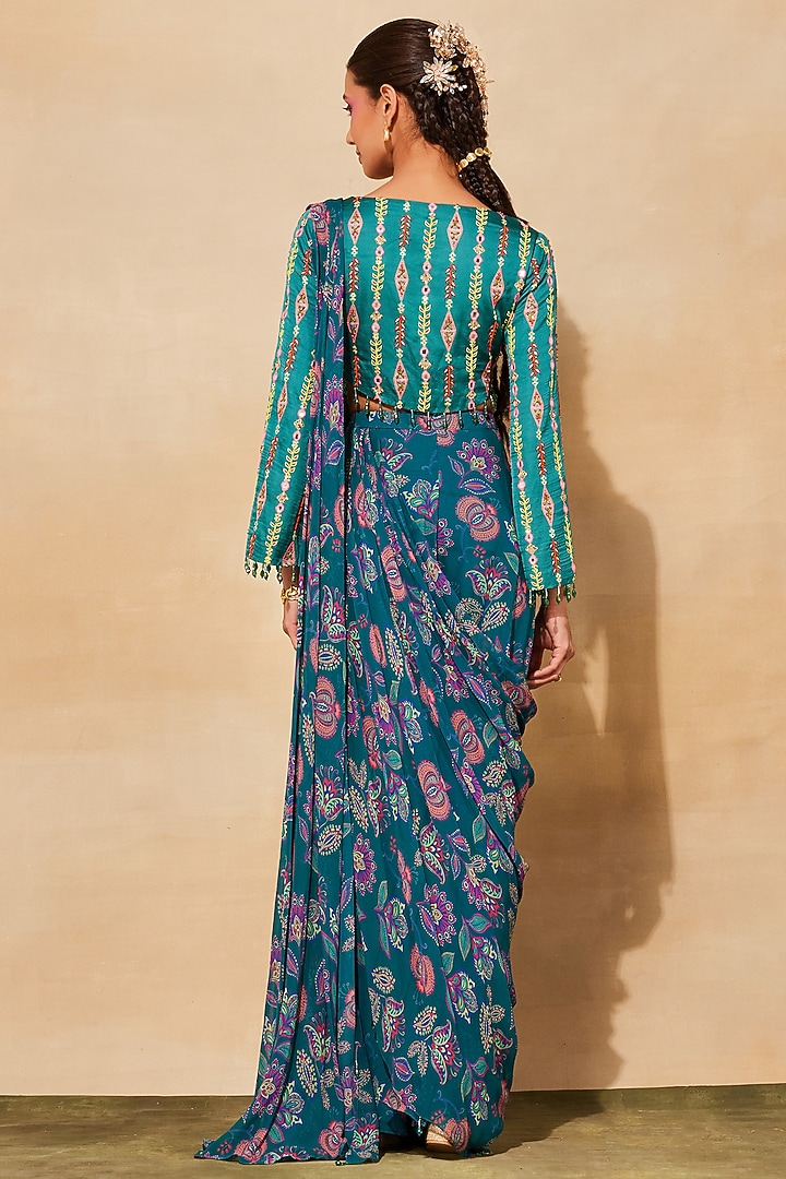 Teal Modal Printed Sharara Pant Wedding Saree Set by DiyaRajvvir at Pernia's Pop Up Shop