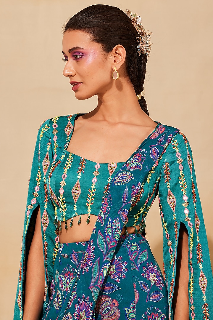 Teal Modal Printed Sharara Pant Wedding Saree Set by DiyaRajvvir at Pernia's Pop Up Shop