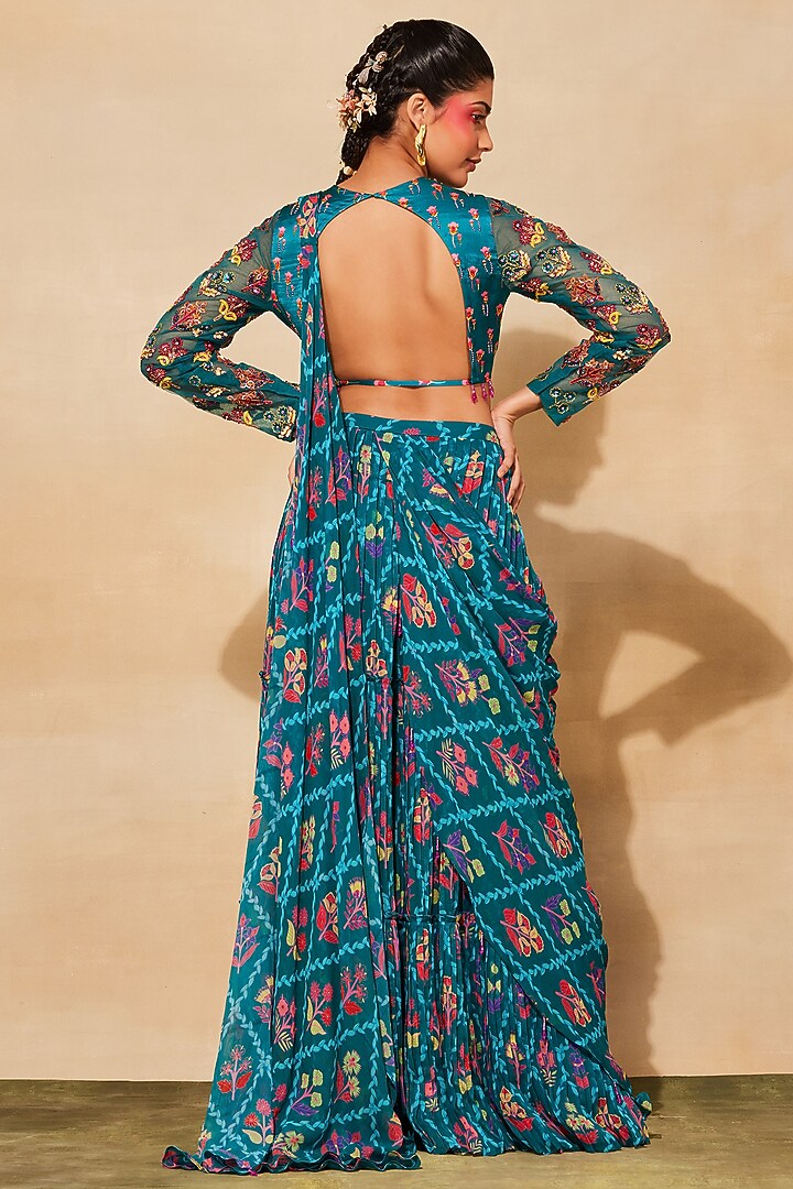 Teal Modal & Tulle Printed Tiered Skirt Wedding Saree Set by DiyaRajvvir at Pernia's Pop Up Shop