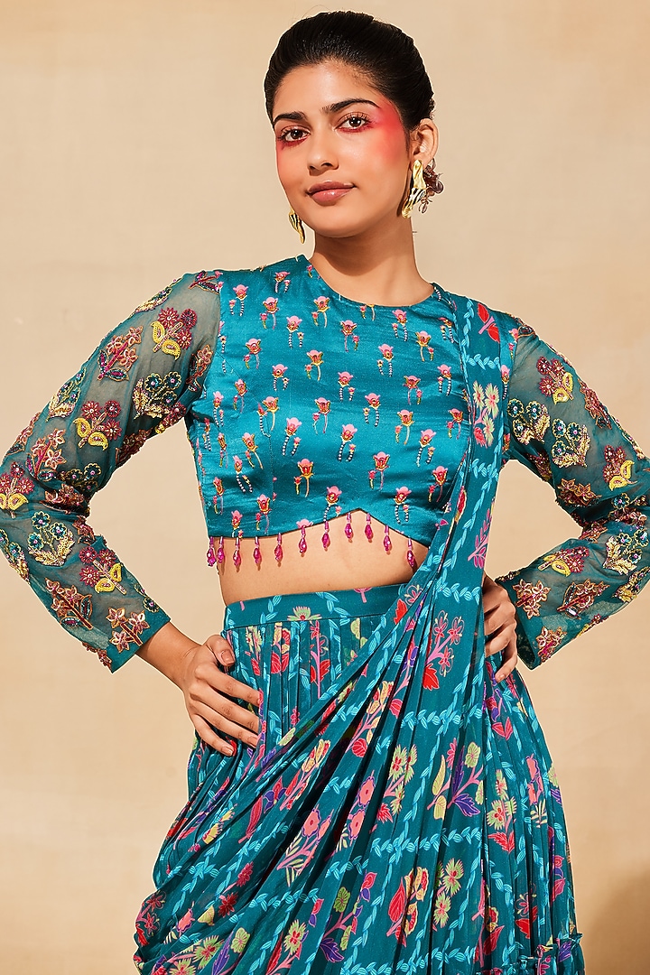 Teal Modal & Tulle Printed Tiered Skirt Wedding Saree Set by DiyaRajvvir at Pernia's Pop Up Shop