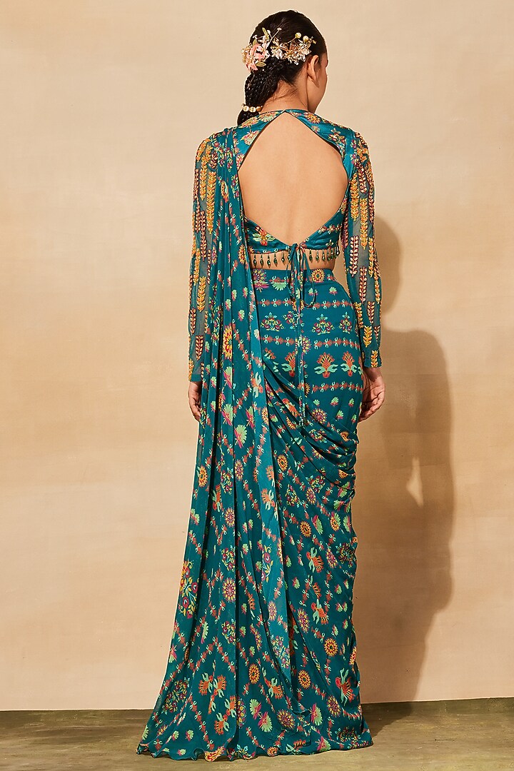 Teal Modal Printed Pant Wedding Saree Set by DiyaRajvvir at Pernia's Pop Up Shop