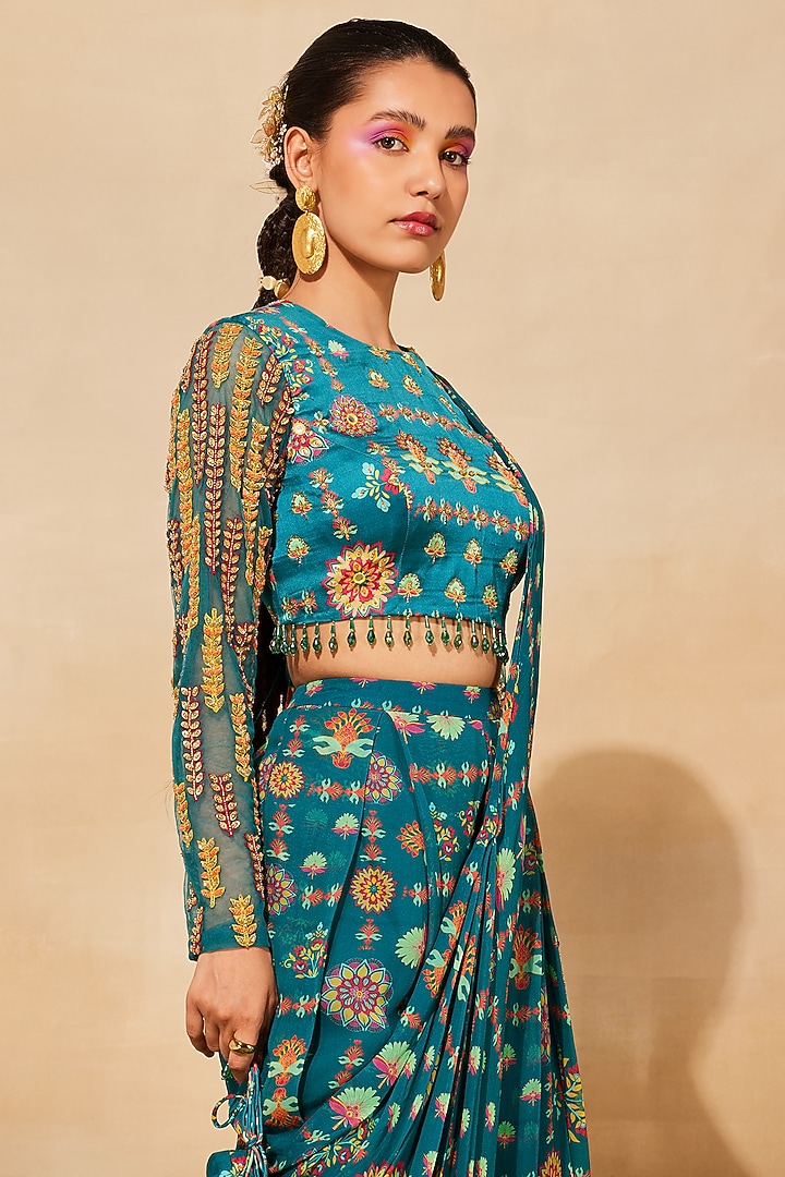 Teal Modal Printed Pant Wedding Saree Set by DiyaRajvvir at Pernia's Pop Up Shop