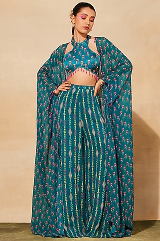 Teal Modal Printed Sharara Set by DiyaRajvvir