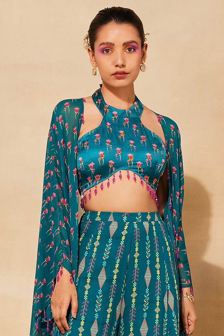 Teal Modal Printed Wedding Sharara Set by DiyaRajvvir at Pernia's Pop Up Shop